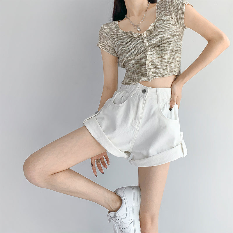 Fashionable Hot Girl Overalls Denim Shorts Women Rolled Hem