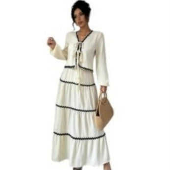 Lace Layered Pleated Lantern Sleeve Bow Shirt And Skirt Suit Women