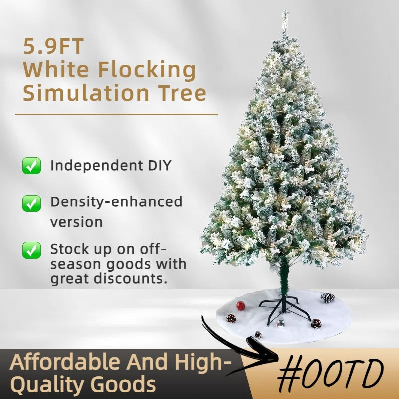 1 Piece Of 180cm - Tall White Flocked Christmas Tree, Thickened And Densified, With Lights