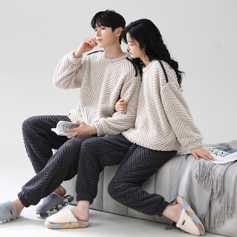 Couple Pajamas Warm Jacquard Coral Fleece Home Wear Suit