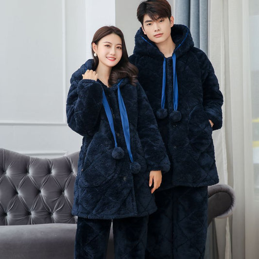 Couple Thickening Warm Plus Velvet Cute Sweet Coral Fleece Pajamas Set