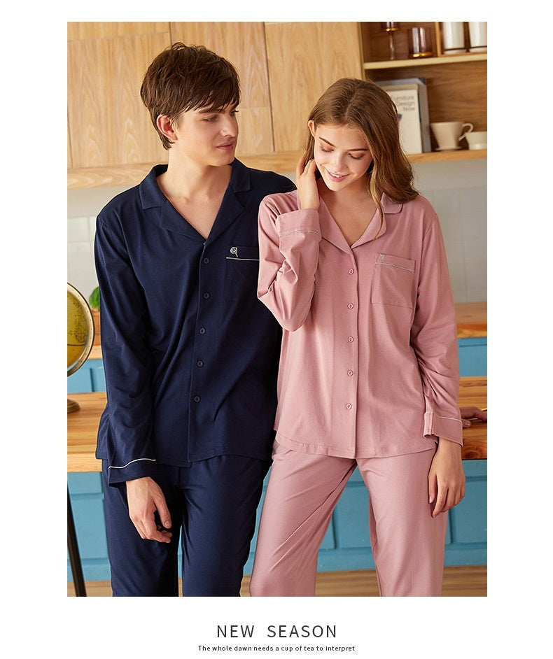 Couple Lapel Long Sleeve Knitted Modal Cotton Pajamas