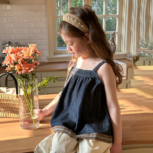 New Retro Patchwork Jean Sun-top Fashionable Vacation Style Sleeveless Top