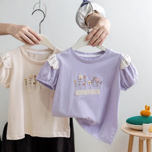 Girls' Pure Cotton Embroidery Loose Ruffled Top