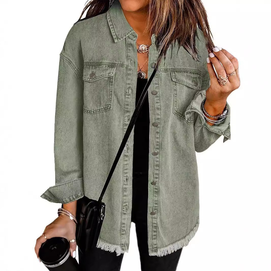 Washed Denim Shirt Women's Personalized Street Style Frayed Hem Coat