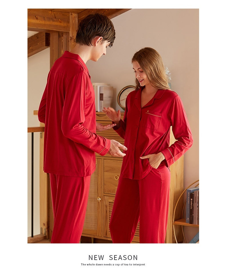 Couple Lapel Long Sleeve Knitted Modal Cotton Pajamas
