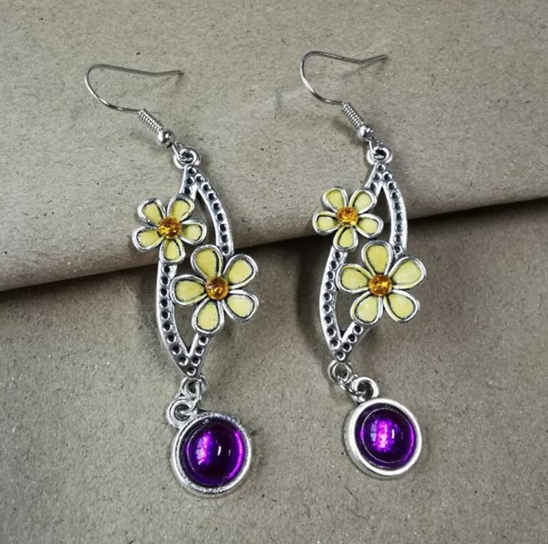 Retro Yellow Flower Purple Stone Antique Silver Orange Rhinestone Personality Swing Earrings
