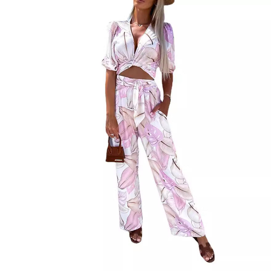 Short Sleeve Top Straight-leg Pants Suit Printed Two-piece Suit