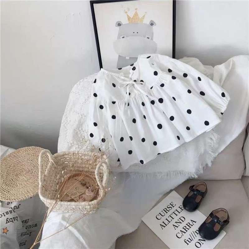 Baby Doll Shirt Long Sleeve Polka Dot Girls Puff Sleeve Top Western Style