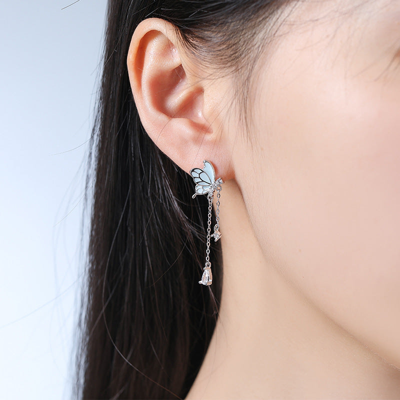 Luminous Dancing Butterfly Tassel S925 Sterling Silver Stud Earrings Minority Fashion Long