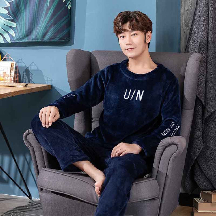Flannel Pajamas Men's Autumn And Winter Warm Suit Youth Round Neck Fashion Casual Suitable For Daily Wear Homewear