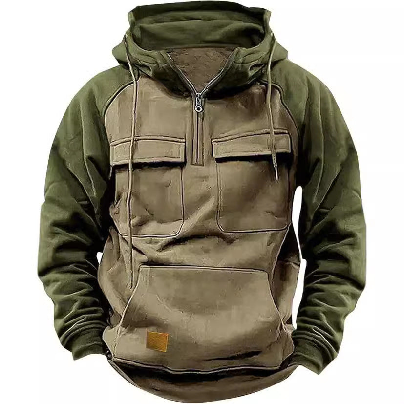 Fall Winter Retro Cargo Hoodies Men's Half Zipper Solid Warm Fleece Sweatshirts Multi Pockets Male Hooded Jackets Thick Outdoor Hooded
