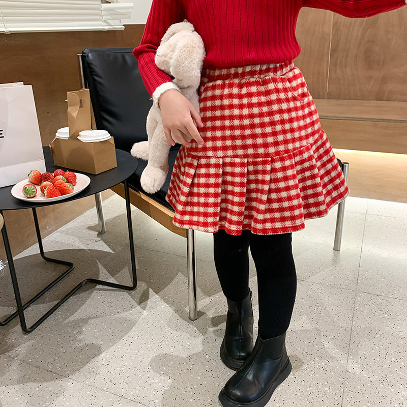 Baby Christmas Woolen Plaid Pleated Skirt