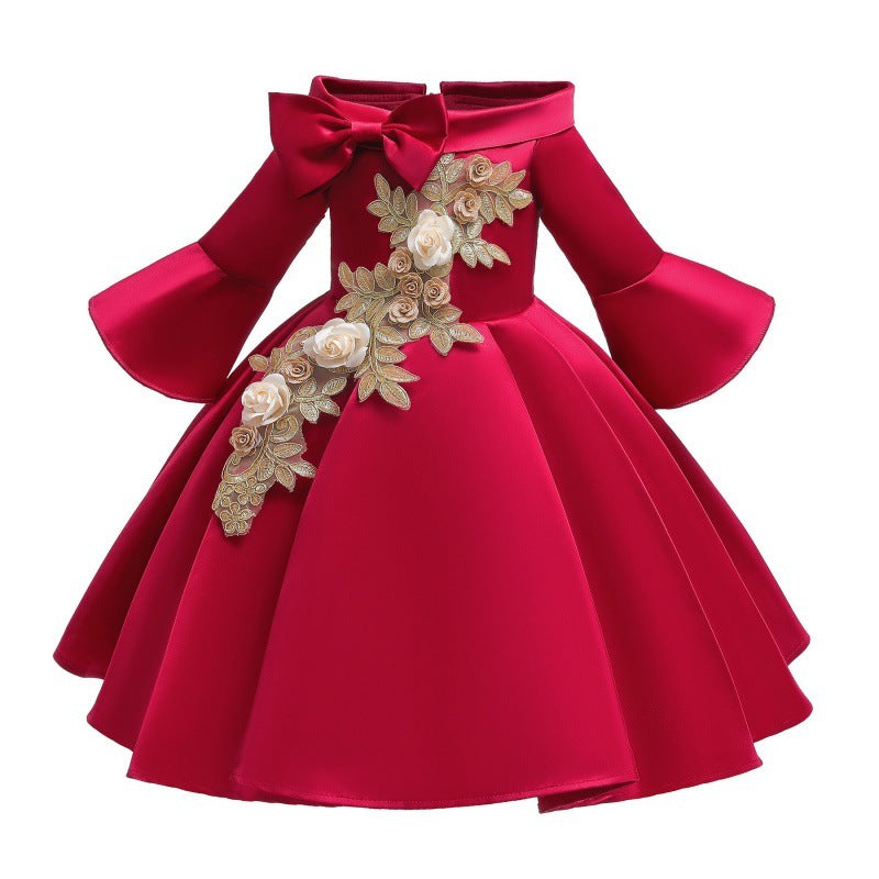 Christmas Champagne Red Embroidered Dress Princess Dress Kindergarten Female Treasure Sleeve Dress