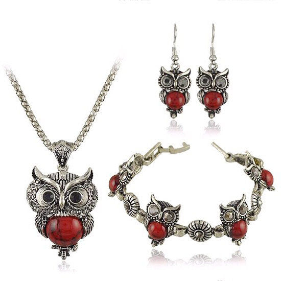 Turquoise Jewelry Set Vintage Imitation Thai Silver Owl Three-piece Set Chain