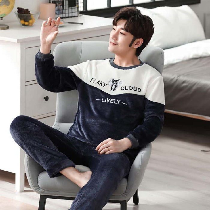 Flannel Pajamas Men's Autumn And Winter Warm Suit Youth Round Neck Fashion Casual Suitable For Daily Wear Homewear