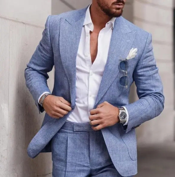 Men's Large Single Row One Button Solid Color Suit Two-piece Set