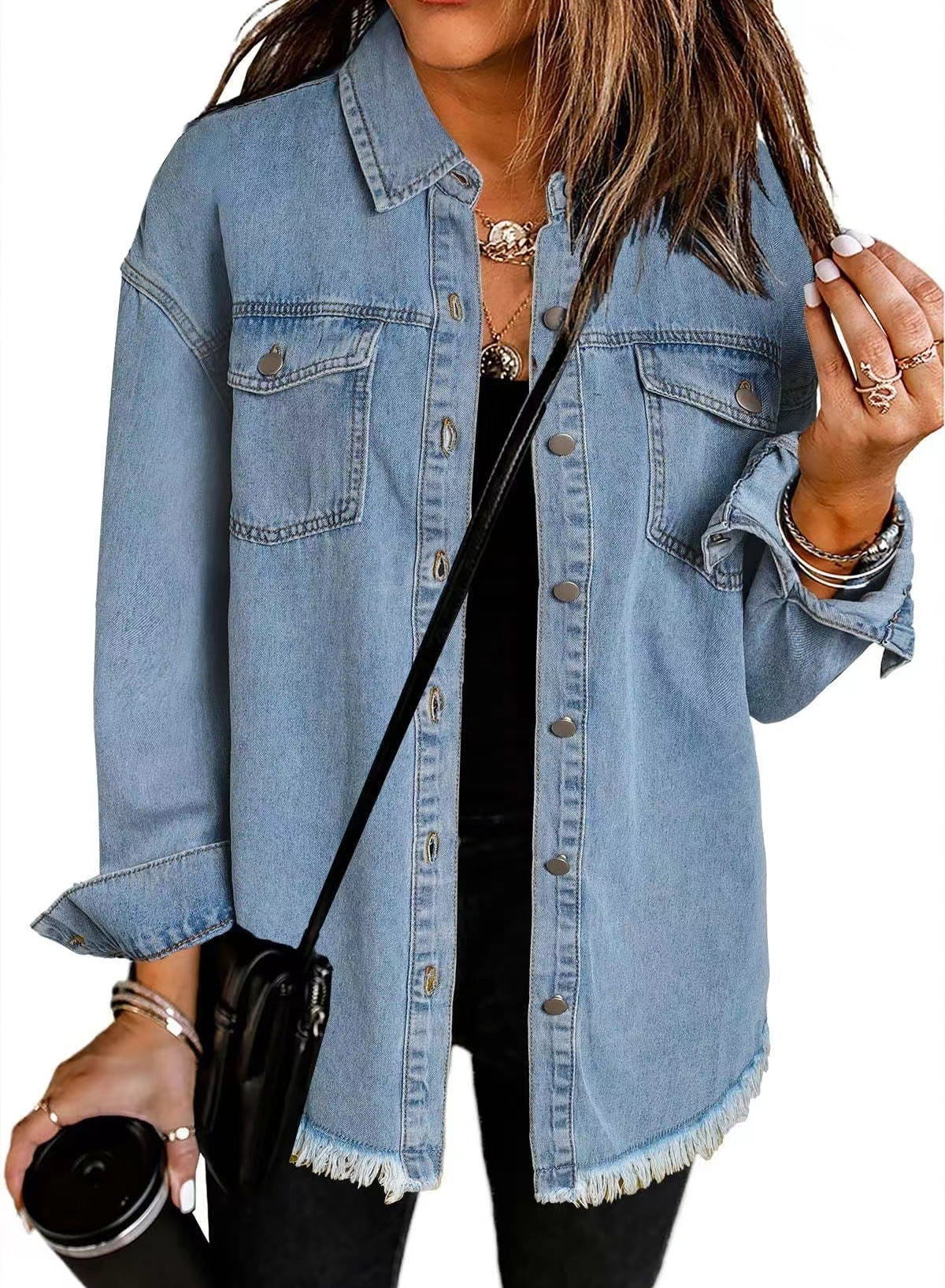 Washed Denim Shirt Women's Personalized Street Style Frayed Hem Coat
