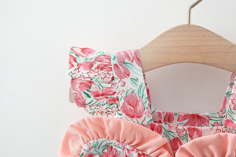 Girls' Dress Suspenders Flounced Sleeve Printing