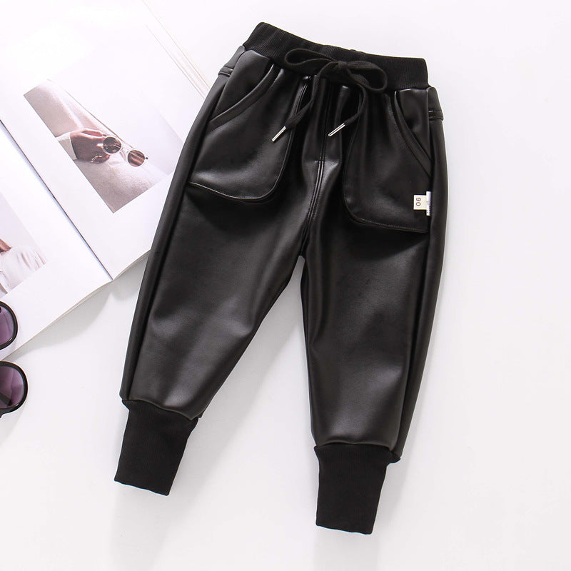 Boys Autumn And Winter Leather Pants, Boys One-piece Cotton Pants