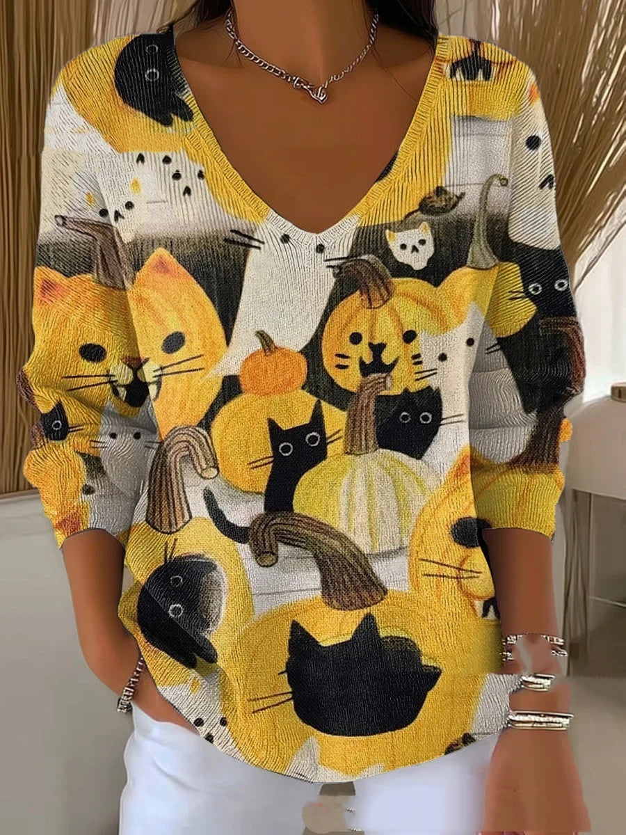 Women's 3D Printed Fashionable Gradient Color V-neck Long-sleeved T-shirt