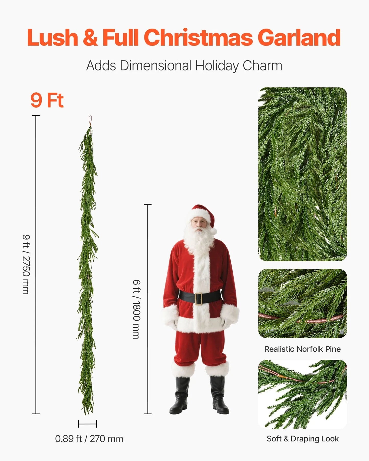 Faux Norfolk Christmas Garland 9Ft Artificial Greenery Xmas Decor For Fireplace