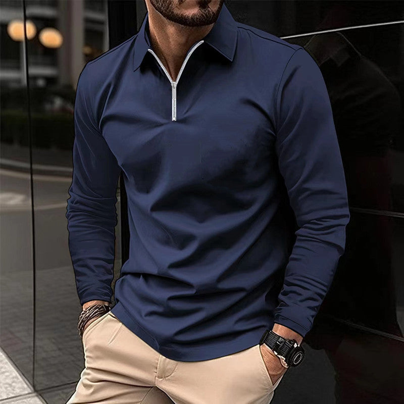 Zipper Men's Solid Color Long Sleeve Sports Polo Shirt
