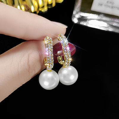 Sterling Silver Needle Diamond C- Shaped Pearl Earrings For Women Japanese And Korean Style Graceful Online Influencer Ear Rings Simple Cold Style Earrings