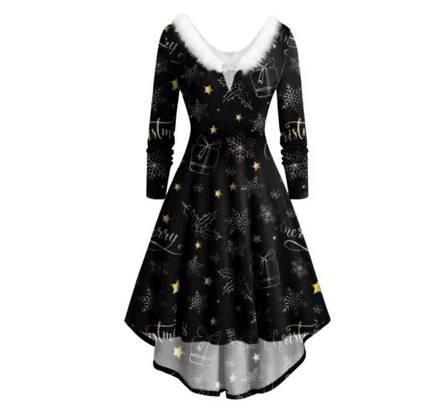 Ladies Christmas Long Sleeve Dress Printed Skirt Dress