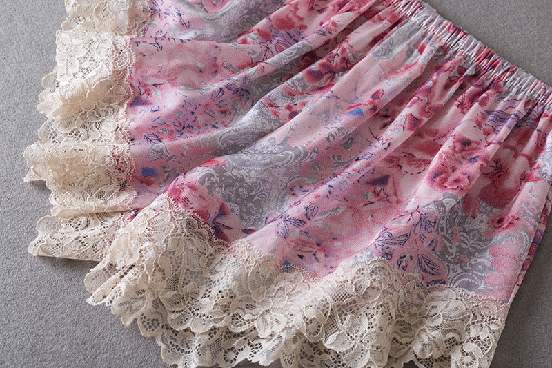 Summer Pajamas Women's Thin Ice Silk Slip Nightdress Lace Edge Printed Homewear With Chest Pad