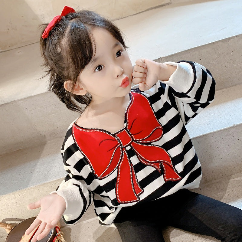 Children's Personality Cute Bow Striped Long-sleeved Top