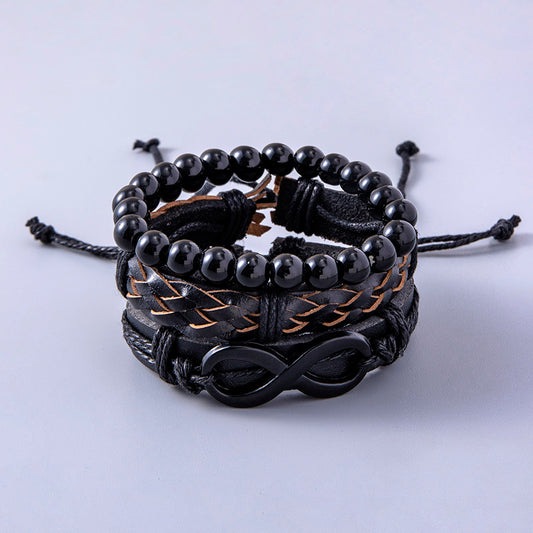 Punk Black Braided Leather Wrap Bracelet Vintage Infinity Symbol Charms Beaded Bracelets For Men